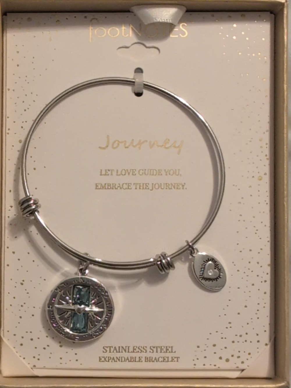 Footnotes Journey Silver-Tone Expandable Bracelet with Compass and Heart Charms